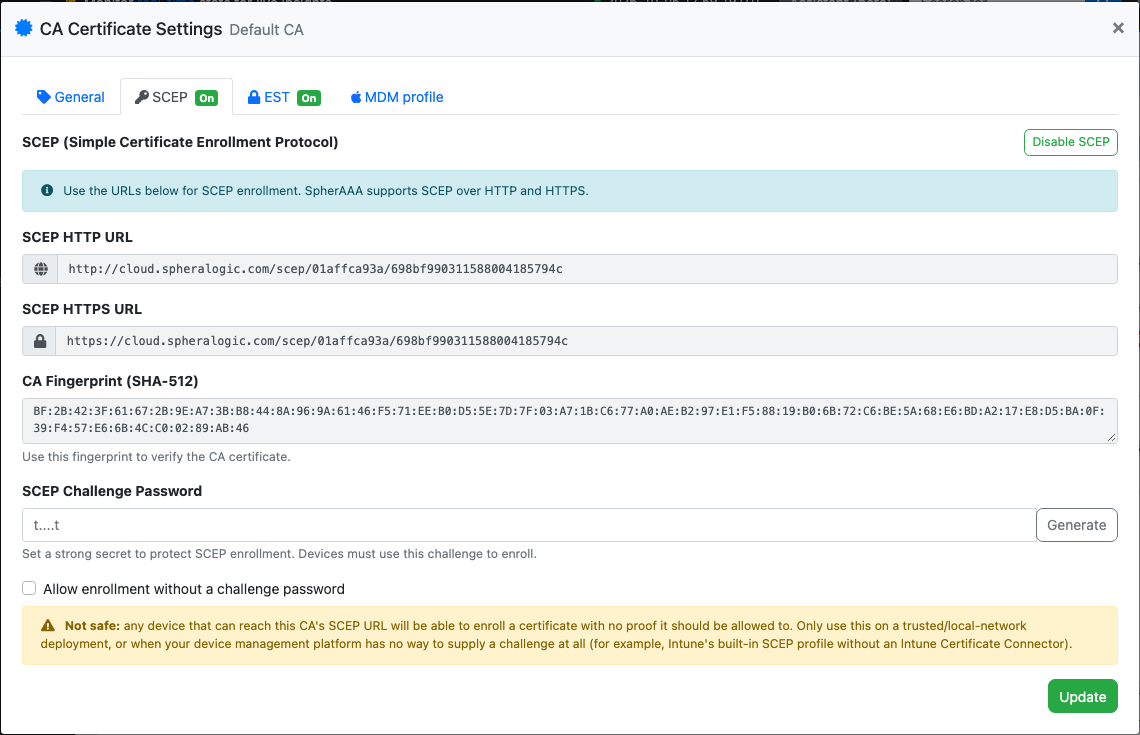 SCEP tab, with SCEP turned on