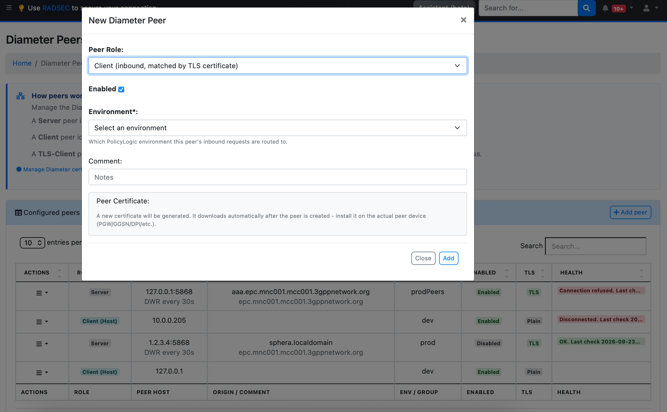 Diameter Peer TLS-certificate client role